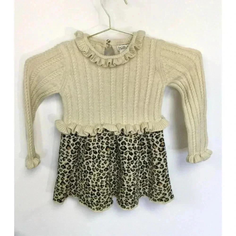 Rachel Zoe‎ kids girls ruffle long sleeve ivory leopard print sweater dress 3T
